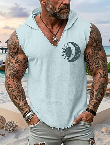  Gilet sans manches à capuche pour homme, motif soleil, lune, éclipse céleste, style bohème, mystique et vintage, idéal pour les vacances d'été à la plage. Ourlet brut effiloché, coupe ample, tailles