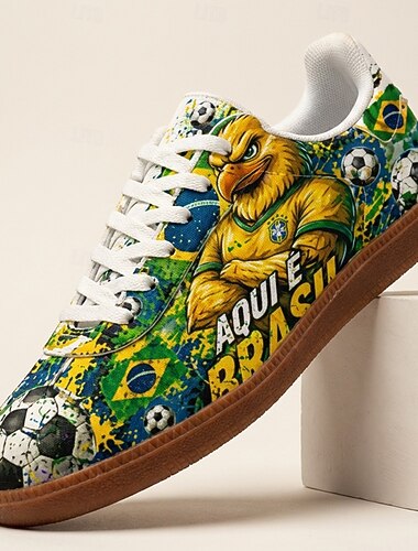  Heren casual sneakers met Braziliaanse leeuwenprint, vetersluiting, lichtgewicht, comfortabele wandelschoenen, streetwear, voetbalfanschoenen voor WK-wedstrijden, stadionbezoek, reizen en dagelijks casual gebruik.