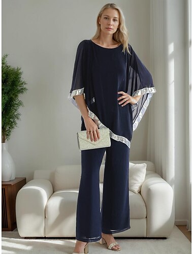  Todelt Buksedrakt Ankellengde Kjole til brudens mor Halvlange ermer Crew-hals Elegant Enkel Minimalistisk Formell Bryllupsgjest Chiffon med Plissert Paljett