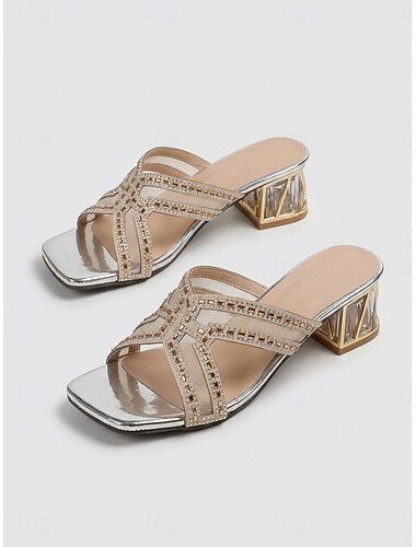  Sandales élégantes en maille argentée pour femme, ornées de strass scintillants – mules chics à bout carré et talon bloc transparent, parfaites pour les soirées de vacances et les cocktails. &galas