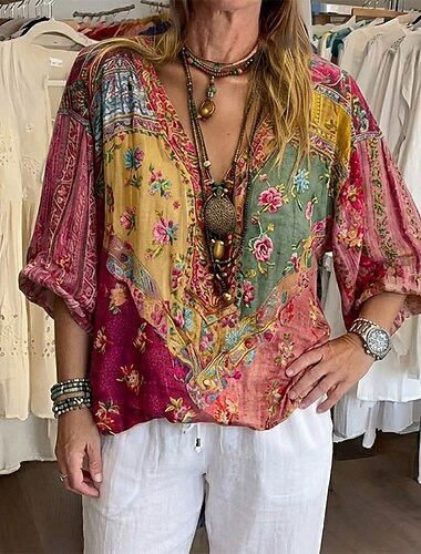  Femmes Chemise Chemises en coton et lin Chemise Bohème Chemisier Patchwork Imprimé Fleuri Graphique Bohème Élégant Ethnique Demi Manches Col en V Hauts Réguliers Quotidien Fête Sortir Rouge Ét