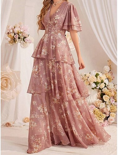  Dam Maxiklänning Chiffongklänningar Vardagsklänning Blommig klänning Elegant Mode Modern Utomhus Semester Utekväll Normal Blommig Kortärmad V-hals Svart Rodnande Rosa Sommar Vår