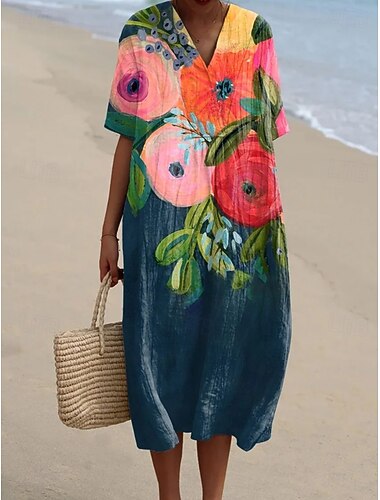  Damskie Sukienka midi Sukienka trapezowa Sukienka letnia Urlop Codzienny Styl plażowy Codzienny Wyjściowe Regularny Ombre Kwiaty Graficzny Krótki rękaw W serek Granatowy Jasnozielony Czerwony