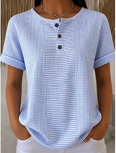  Per donna Maglietta Stampato Bottoni sul petto Grafico Geometrico Plaid Elegante Classico Moderno Manica Corta Henley Top lunghi Quotidiano Blu Giallo Rosa Rosso Viola chiaro Estate Primavera