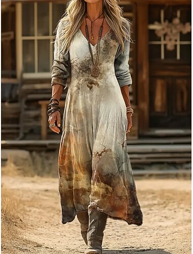  Dames Maxi-jurk Zonnejurk Vakantie Casual Boho Dagelijks Ruim Passend Bloemig Lange mouw V-hals blauw Zwart Geel Rood Zomer Lente