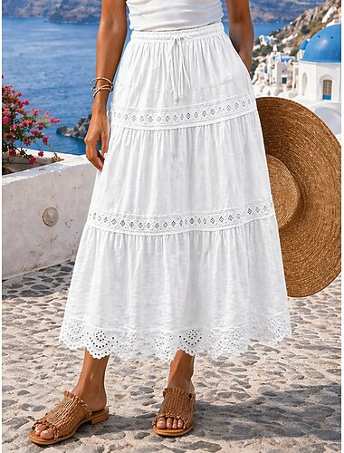  Per donna Gonna in pizzo Moda Casual Midi Vita Alta Gonne Semplice Pizzo Pieghettato Volant Elasticizzato Quotidiano Vacanza Bianco Estate