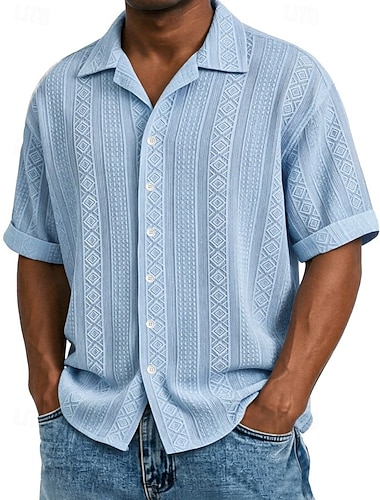  Pánské Košile Struktura Košile s knoflíkem Žakárová košile Černá Bílá Světle zelená Námořnická modř Fialová Krátký rukáv Geometrický Klopa Denní Venkovní Žakár Oblečení Šik ven Na běžné nošení