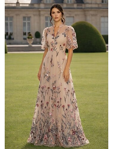  Ligne A Robe Longueur au sol Robe Maxi Robe de Soirée Robe de Cocktail Robe de Mère de Mariée  Manche Courte Col en V Élégant ancien Luxueux Formel robe demoiselle d honneur Kentucky Derby Chiffon