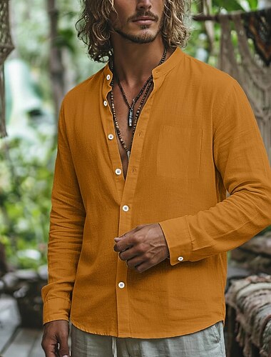  Homme Chemise Chemise en lin Chemise d'été Chemise de Plage Chemise Boutonnée Uni Vacances Fête Bleu Noir Blanche Jaune manche longue Col montant Été Printemps Vêtement Tenue