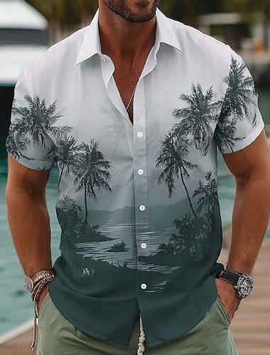  Herren Kokospalme Farbverlauf Tropische Pflanzen Sommer Hawaiihemd Tropische Hemden Alohahemd Kurzarm Hawaiianisch Urlaub Strandbekleidung Sommer Frühling Umlegekragen 3D-Druck Hemden mit Knopfleiste