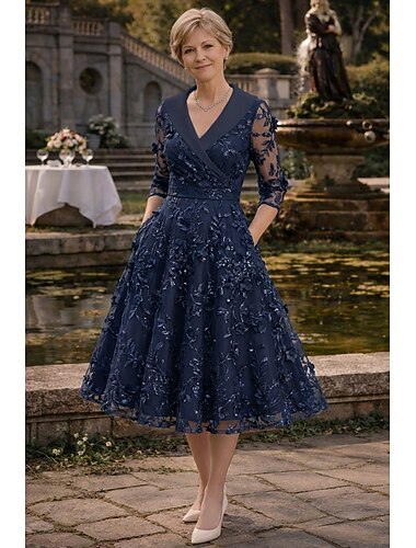  Linea ad A Lunghezza Tè Abito da cerimonia per signora Manica 3/4 Scollo a V Bavero Elegante Vintage Formale Ospite di nozze Raso Pizzo con Fiori 3D Arricciato Ricamo