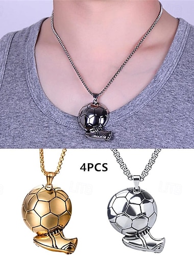  4-teiliges Fußball-Halsketten-Set für Männer und Jungen, Anhänger aus Edelstahl in Form eines Fußballs und eines Fußballschuhs, Sport-Halskette für jugendliche Sportler, gold- und silberfarben,