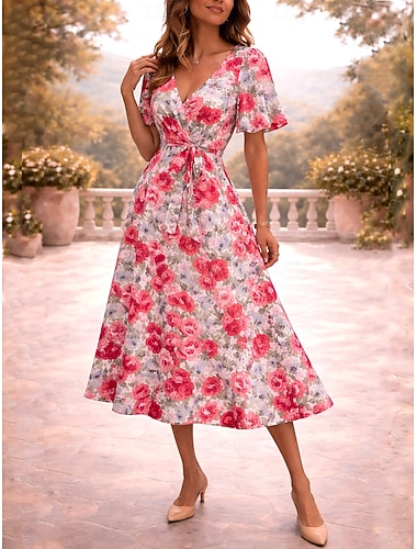 Damen Midikleid A Linie Kleid Bandage Kleid Rüschenkleid Urlaub Lässig Trompetenärmel Ferien Date Normale Passform Blumen Grafik Kurzarm V Ausschnitt Rote Sommer Frühling