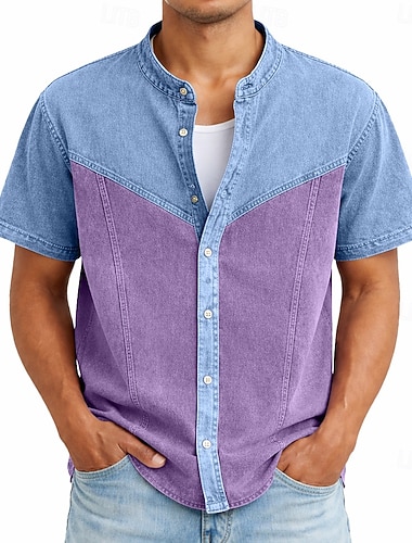  Herren Hemd Freizeithemd Knopfhemd Hemd aus 100 % Baumwolle in Säurewaschung Purpur Grün Kaki Grau Kurzarm Einfach Großvaterkragen Lässig Täglich Patchwork Bekleidung Elegant Mode Lässig