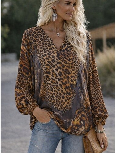  Γυναικεία Πουκάμισο Casual πουκάμισο Καλοκαιρινές κορυφές Γραφική Λεοπάρ Κομψό Βοημία Διακοπές Μακρυμάνικο Λαιμόκοψη V Μακριές μπλούζες Καθημερινά ΕΞΩΤΕΡΙΚΟΥ ΧΩΡΟΥ Streetwear
