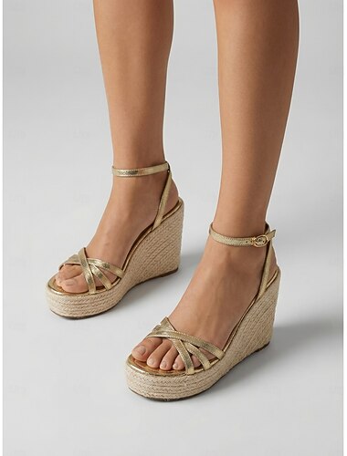  Sandalias de cuña doradas para mujer: elegantes sandalias de plataforma tipo alpargata con tiras cruzadas. &Hebilla en el tobillo para ropa de noche en resorts y bodas en la playa. &galas de verano de