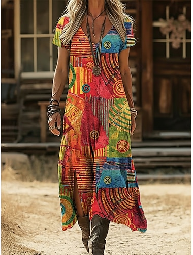  Per donna Abito Midi Abito Boho Vestito Casual Abito a trapezio Abito Stampato Vintage All'aperto Vacanza Weekend Vestibilità regolare Floreale Grafico Astratto Manica Corta Scollo a V Rosso Estate