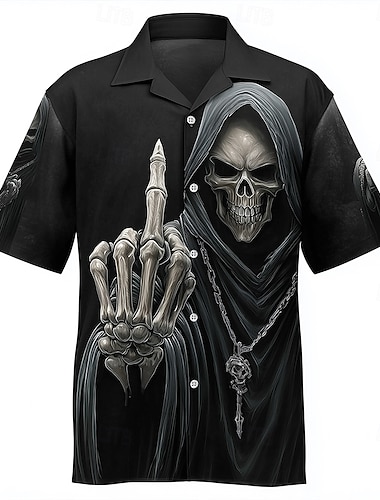 Per uomo Teschio La Morte Dito medio Camicia Camicia con Bottoni Camicia con collo camp Manica Corta Vintage Retrò Stile gotico oscuro All'aperto Abbigliamento casual alla moda Estate Primavera