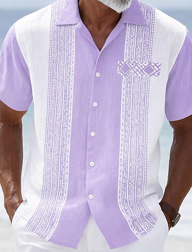  Per uomo Geometrico A righe Etnico Camicia Camicia Guayabera Camicia con Bottoni Manica Corta Vintage Retrò Quotidiano All'aperto Vacanza Estate Primavera Collo ripiegato Stampa 3D Camicia tipo lino