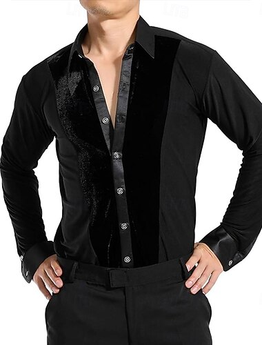  Herreskjorte for latinamerikansk ballroom-dans - fløyelsskjæring slim fit langermet topper for konkurranse