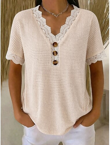  Damen T Shirt T-Shirt Patchwork Knöpfe Einfach Mode Stilvoll Klassisch Kurzarm V Ausschnitt Normale Oberteile Täglich Ausgehen Wochenende Aprikose Sommer Frühling