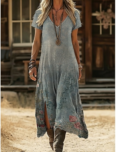  Per donna Abito Midi Abito Boho Vestito Casual Abito a trapezio Abito Stampato Vintage All'aperto Vacanza Weekend Vestibilità regolare Floreale Grafico Manica Corta Scollo a V Verde Estate Primavera