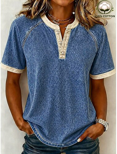  Damen Henley Hemd Vintage Mode Stilvoll Kurzarm Normale Oberteile Lässig Strand Blau Rosa Purpur Orange Grün Sommer Frühling