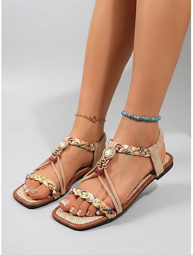  Pentru femei Vacanță Insulă și croazieră Mărgele Toc Drept Vârf pătrat Boemia Vacanță Imitație Piele Loafer Negru Bej