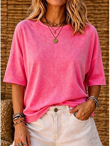  Damen-T-Shirt aus 100 % Baumwolle, Vintage-Waschung, modisch, stylisch, klassisch, Kurzarm, Rundhalsausschnitt, lang, lässig, für Strand, Sommer, Frühling