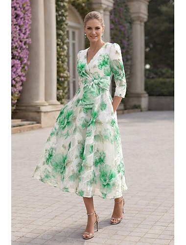  A-Linie Knöchellänge Tee-Länge Blumenkleid Cocktailkleider Elegant Blumen Halbformell / Cocktail Dreiviertelarm V Ausschnitt Gartenparty Hochzeit Organza Jacquard mit Blumenmuster Falten
