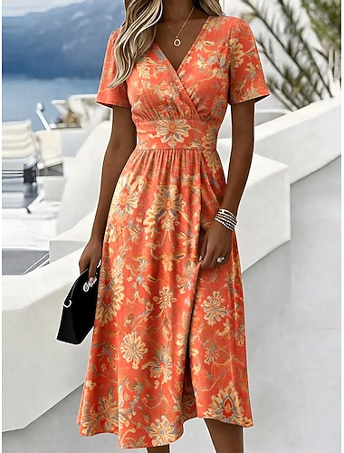  Damen Midikleid A Linie Kleid Urlaub Lässig Boho Normale Passform Grafik Geometrisch Kurzarm V Ausschnitt Blau Purpur Orange Sommer Frühling