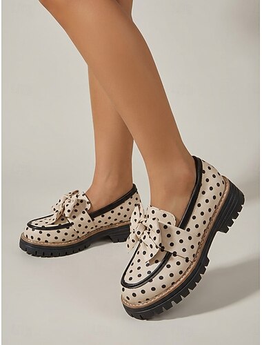 Elegante beige loafers med polkaprikker til dame – komfortable platåsko med tykk såle og elegant sløyfedetaljer for hverdagsbruk og gatebruk &vintage-antrekk