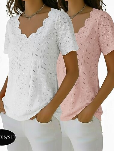  マルチパック 2枚組 レディース テクスチャ ブラウス アイレット トップス ポインテル Tシャツ 無地 スタイリッシュ ベーシック クラシック 半袖 Vネック レギュラー トップス カジュアル デイリー ビーチ イエロー+ブラック