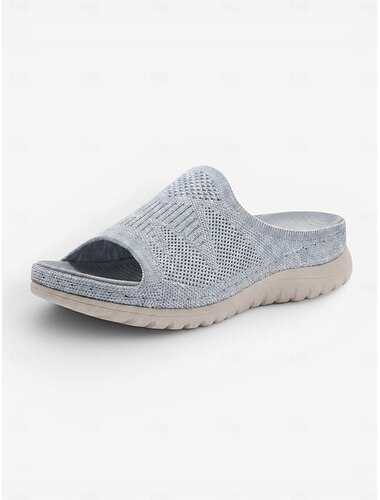  Damskie szare, wygodne, dzianinowe klapki z podparciem łuku stopy – oddychające, lekkie klapki sportowe z amortyzowaną podeszwą, codzienne buty letnie do użytku wewnątrz i na zewnątrz, w podróży i na