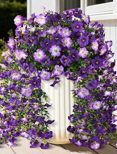  konstgjorda falska blommor växter för utomhus vår sommar dekoration, 4 st konstgjord siden morning glory med eukalyptusblad, UV-resistenta realistiska utomhusblommor för balkong veranda uteplats gård