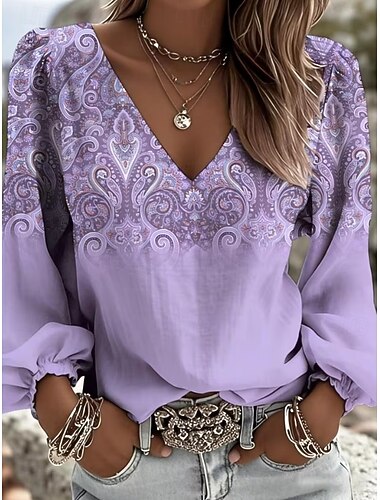  Dámské Košile Boho košile Tisk Květinový Grafika Kašmírový vzor Elegantní Čechy prázdniny Dlouhý rukáv Do V Dlouhé topy Ležérní Denní Dovolená Světle zelená Světle fialová Oranžová Léto Jaro