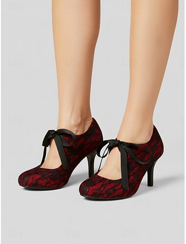  أحذية نسائية عتيقة من خمسينيات القرن الماضي بكعب عالٍ من الدانتيل الأرجواني الداكن - أحذية أنيقة بكعب عالٍ من الدانتيل الزهري البنفسجي الداكن مع فيونكة من شريط الساتان &أحزمة متقاطعة لحفلات التخرج ذات