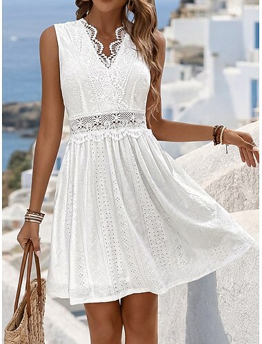  Per donna Abito al ginocchio Abito in Pizzo Abito Bianco Vestito Casual Abito Estivo Elegante Moda Spiaggia Vacanza Ferie Vestibilità regolare Floreale Senza Maniche Scollo a V Blu Nero Bianco Giallo