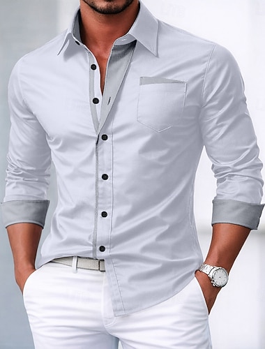  Herre Skjorte Dresskjorter Skjorte med knapp ned Skjorte uten jern Skjorte med knapper Fargeblokk Avslappet Daglig Hvit Vin Navyblå Kongeblå Langermet Aftæpning Vår Høst Klær Lapper