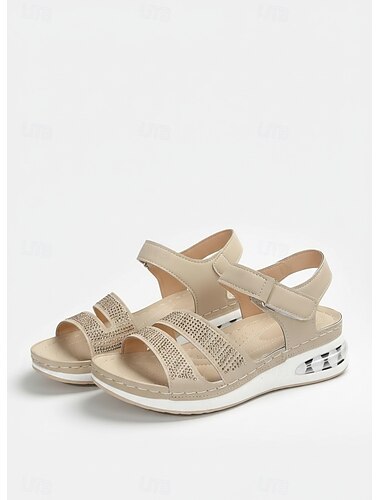  Sandales à coussin d'air ornées de strass pour femmes - Chaussures confortables à bout ouvert avec velcro réglable pour une utilisation décontractée et en plein air