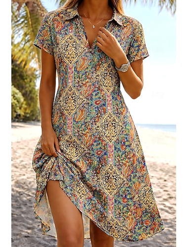  Damen Midikleid A Linie Kleid Urlaub Lässig Boho Strand Normale Passform Grafik Boho Paisley Damast Kurzarm V Ausschnitt Grün Sommer Frühling