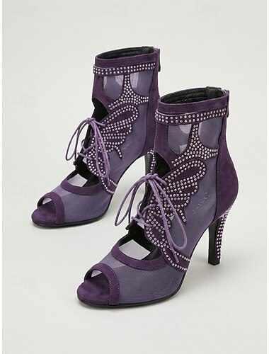  Dámské fialové krátké kozačky na latinskoamerické tance - vysoký podpatek s otevřenou špičkou, design pro taneční sál &latinskoamerický tanec