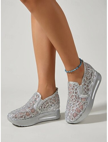  Hvide damesneakers med blonder og platform - slip-on komfortsko med rhinsten til havebryllupsbrud