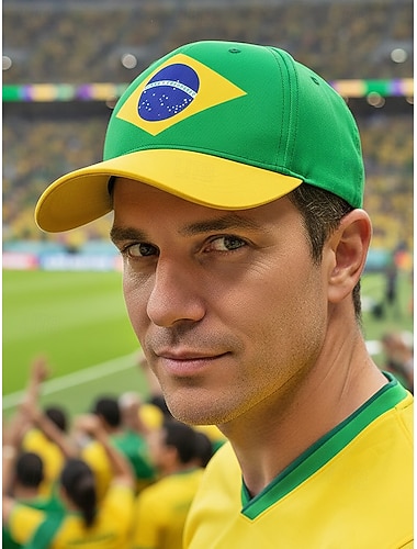  Casquette de baseball homme en polyester aux couleurs du drapeau brésilien, taille ajustable, idéale pour les supporters de football, les matchs, les événements sportifs et les activités de plein air au quotidien.