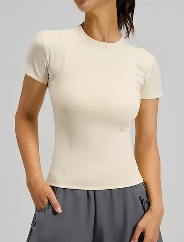  Damskie Bluza dresowa Koszulka / T-shirt Top do jogi Półgolf Szybkie wysychanie Lekki Wygodny Krótki rękaw Sport Jednokolorowe Top Dla Trening w siłowni Bieganie Zdatność Odzież sportowa