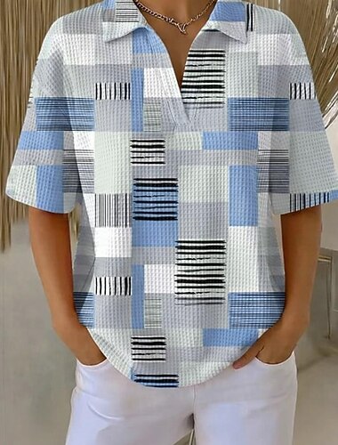  Dame Vaffelskjorte Casual skjorte Sommertoppe Grafisk Geometrisk Årgang Stilfuld Uden ærmer Lange toppe Daglig udendørs Arbejde Hvid og Blå Gul Kakifarvet Sommer Forår Efterår