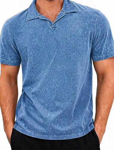  Homme Polo Chemise 100% coton délavée à l'acide Occasionnel Fête Revers Manche Courte Mode Basique Uni Texturé Boutons Vintage Été Printemps Bleu Violet Vert Gris Polo