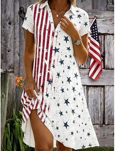  Amerikaanse onafhankelijkheidsdag Dames Mini-jurk A lijn jurk Vakantie Casual Strand Normale pasvorm Grafisch Vlag Korte mouw V-hals Wit Rood Beige Zomer Lente