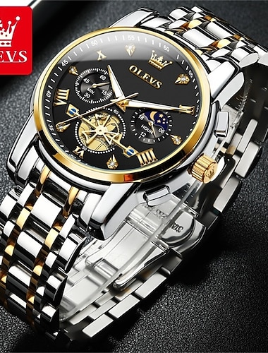  Olevs Herren-Automatikuhr, luxuriöse Skelett-Armbanduhr mit Mondphase, wasserdicht, leuchtend, zweifarbig, Edelstahl, Business- und elegante Herrenuhr.