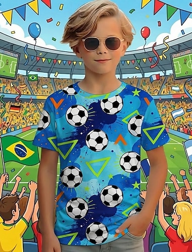  Jungen 3D Grafik Fußball T-Shirt Kurzarm 3D-Druck Sommer Frühling Sport Mode Streetwear Kinder 4-12 Jahre Rundhalsausschnitt Lässig Täglich Outdoor Normale Passform